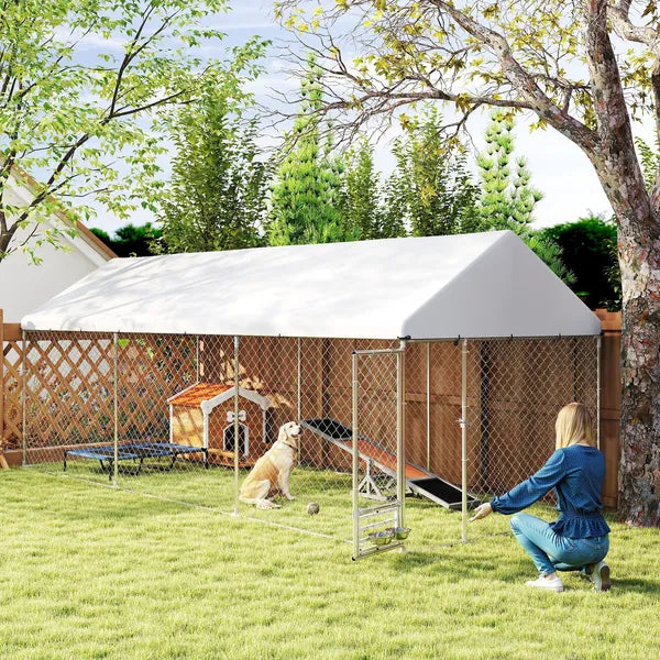 PawHut Outdoor Dog Kennel w/ Adjustable and Rotatable Bowl Rack, Waterproof UV-Resistant Cover, Secure Lock, 19.7' x 7.5' x 7.5' - product image 2