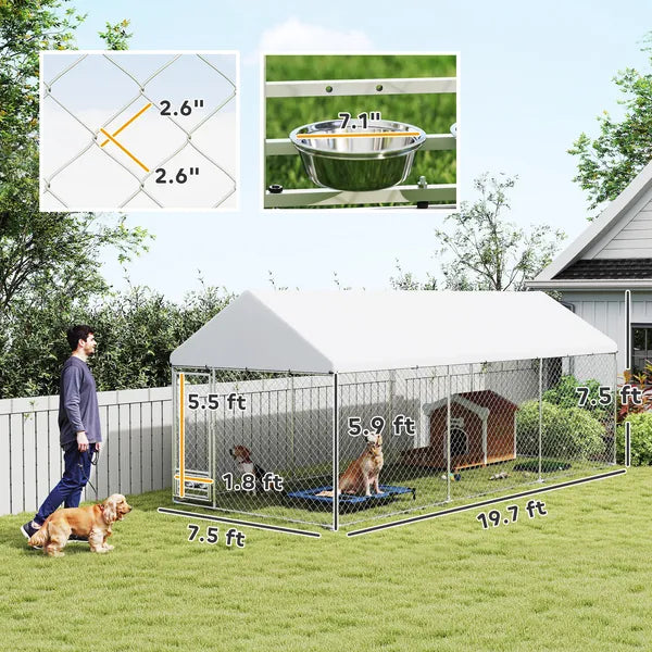 PawHut Outdoor Dog Kennel w/ Adjustable and Rotatable Bowl Rack, Waterproof UV-Resistant Cover, Secure Lock, 19.7' x 7.5' x 7.5' - product image 3