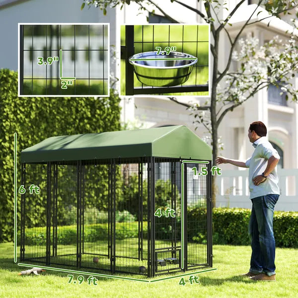 PawHut Outdoor Dog Kennel with Rotating Bowl Holders, Walk-in Pet Playpen with Waterproof Cover, 8 ft x 4 ft x 6 ft, Green - product image 3