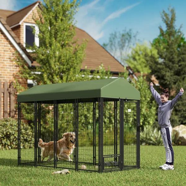 PawHut Outdoor Dog Kennel with Rotating Bowl Holders, Walk-in Pet Playpen with Waterproof Cover, 8 ft x 4 ft x 6 ft, Green - product image 2