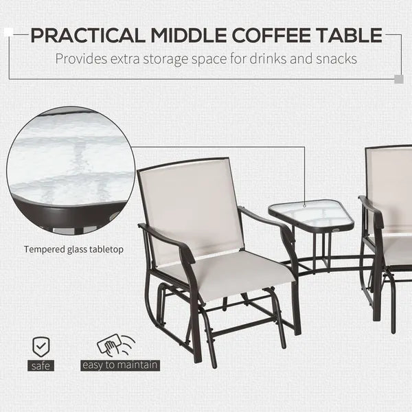 2 Seat Outdoor Glider Chair with Coffee Table and Breathable Sling, Beige - product image 4