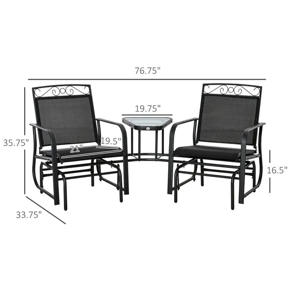 Outsunny Outdoor Glider Chairs with Coffee Table, Patio 2-Seat Rocking Chair Swing with Breathable Sling for Backyard, Garden and Porch, Black - product image 3