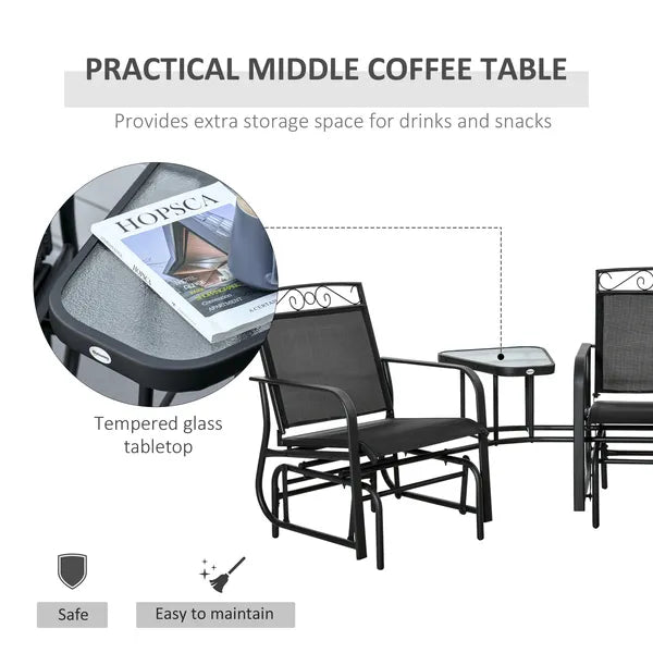 Outsunny Outdoor Glider Chairs with Coffee Table, Patio 2-Seat Rocking Chair Swing with Breathable Sling for Backyard, Garden and Porch, Black - product image 4