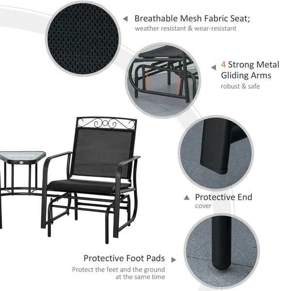 Outsunny Outdoor Glider Chairs with Coffee Table, Patio 2-Seat Rocking Chair Swing with Breathable Sling for Backyard, Garden and Porch, Black - product image 5