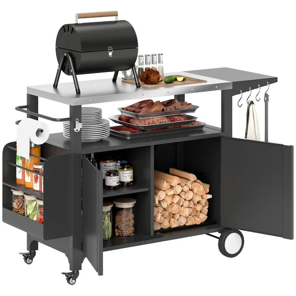 Outsunny Outdoor Grill Cart Table with Stainless Steel Top, Movable Pizza Oven Table with Foldable Side Table, Wheels - product image 11