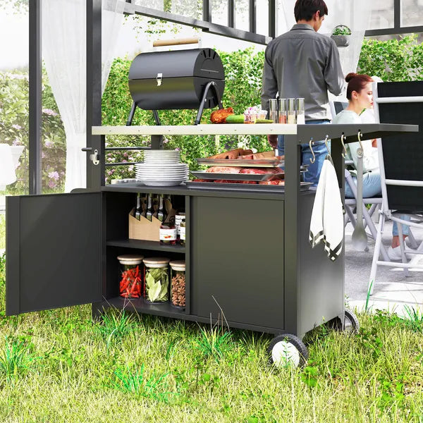 Outsunny Outdoor Grill Cart Table with Stainless Steel Top, Movable Pizza Oven Table with Foldable Side Table, Wheels - product image 2