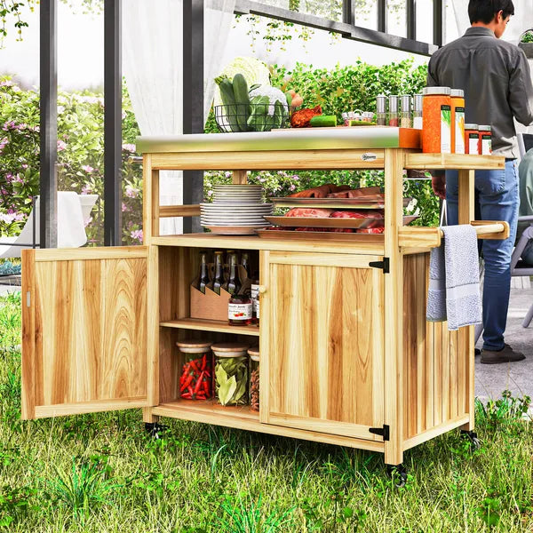 Outdoor Grill Cart with Stainless Steel Top, Solid Wood Outdoor Kitchen Island with Wheels, Storage Cabinets, Natural Wood - product image 10