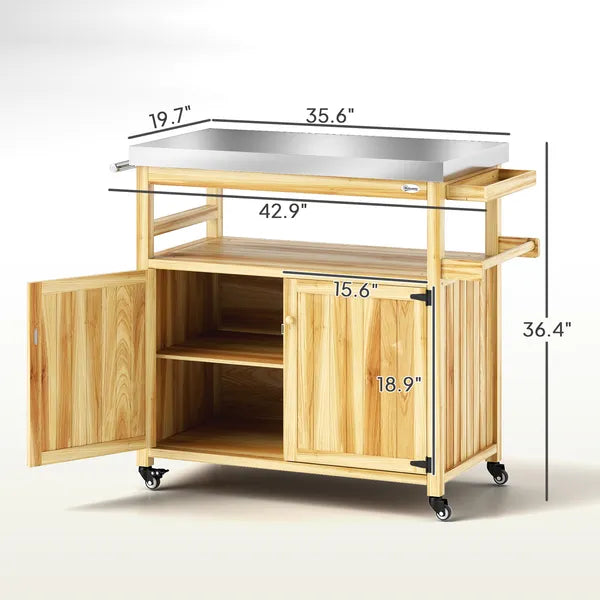 Outdoor Grill Cart with Stainless Steel Top, Solid Wood Outdoor Kitchen Island with Wheels, Storage Cabinets, Natural Wood - product image 3