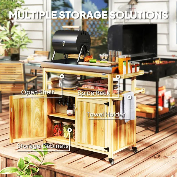 Outdoor Grill Cart with Stainless Steel Top, Solid Wood Outdoor Kitchen Island with Wheels, Storage Cabinets, Natural Wood - product image 5