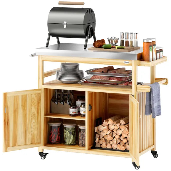 Outdoor Grill Cart with Stainless Steel Top, Solid Wood Outdoor Kitchen Island with Wheels, Storage Cabinets, Natural Wood - product image 11
