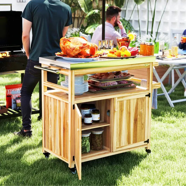 Outdoor Grill Cart with Stainless Steel Top, Solid Wood Outdoor Kitchen Island with Wheels, Storage Cabinets, Natural Wood - product image 2