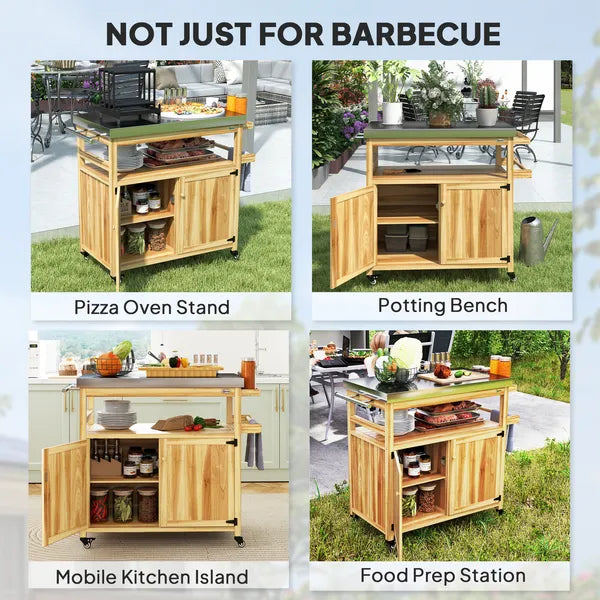 Outdoor Grill Cart with Stainless Steel Top, Solid Wood Outdoor Kitchen Island with Wheels, Storage Cabinets, Natural Wood - product image 7