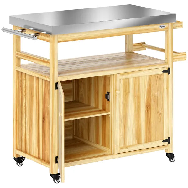 Outdoor Grill Cart with Stainless Steel Top, Solid Wood Outdoor Kitchen Island with Wheels, Storage Cabinets, Natural Wood - product image 1
