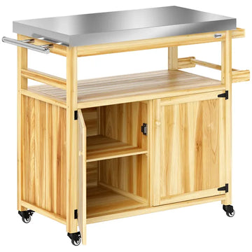 Outdoor Grill Cart with Stainless Steel Top, Solid Wood Outdoor Kitchen Island with Wheels, Storage Cabinets, Natural Wood - product image 1