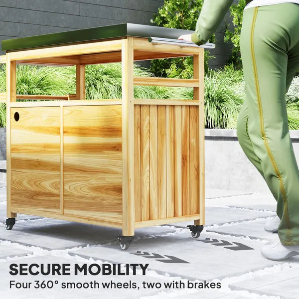 Outdoor Grill Cart with Stainless Steel Top, Solid Wood Outdoor Kitchen Island with Wheels, Storage Cabinets, Natural Wood - product image 6