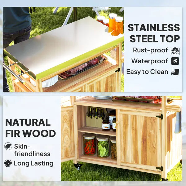 Outdoor Grill Cart with Stainless Steel Top, Solid Wood Outdoor Kitchen Island with Wheels, Storage Cabinets, Natural Wood - product image 4