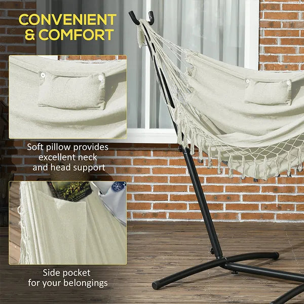 Outsunny Outdoor Hammock Chair with Stand, Swing Hanging Lounge, Cream White with Side Pocket and Headrest - product image 5