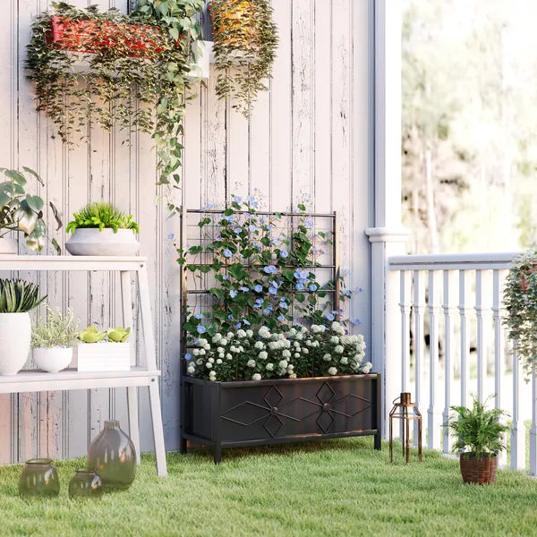 Outsunny Outdoor Planter Box Galvanized Raised Garden Bed with Trellis for Climbing Vines, 35.4" x 15.7" x 47.2", Black - product image 2