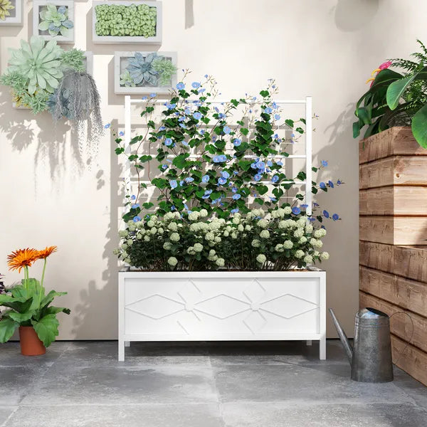 Outdoor Planter Box Galvanized Raised Garden Bed with Trellis for Climbing Vines, 35.4" x 15.7" x 47.2", White - product image 7