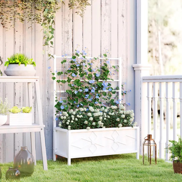Outdoor Planter Box Galvanized Raised Garden Bed with Trellis for Climbing Vines, 35.4" x 15.7" x 47.2", White - product image 2