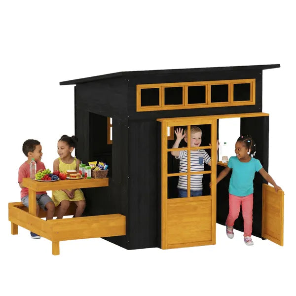 Qaba Outdoor Playhouse, Wooden Kids Playhouse with Picnic Table and Benches, Chalkboards, Half Door, Windows, for Kids Ages 3-8 - product image 11