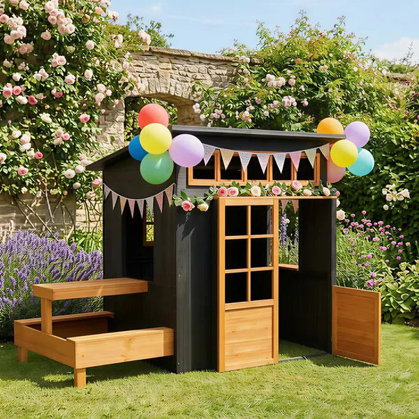Qaba Outdoor Playhouse, Wooden Kids Playhouse with Picnic Table and Benches, Chalkboards, Half Door, Windows, for Kids Ages 3-8 - product image 9