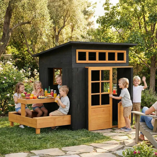 Qaba Outdoor Playhouse, Wooden Kids Playhouse with Picnic Table and Benches, Chalkboards, Half Door, Windows, for Kids Ages 3-8 - product image 2