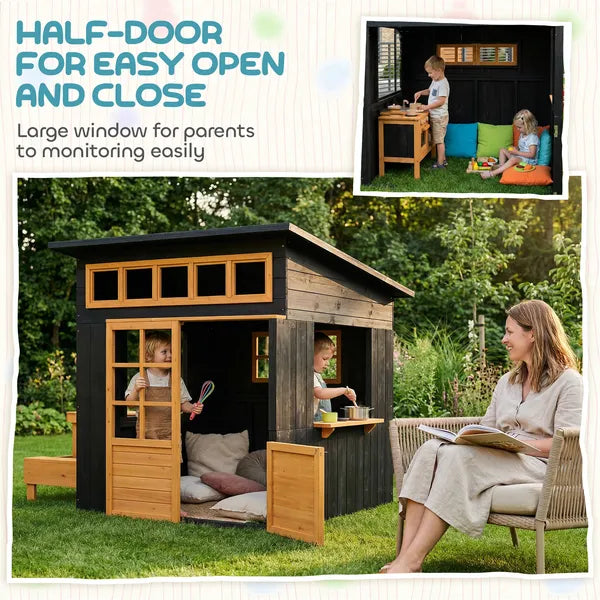 Qaba Outdoor Playhouse, Wooden Kids Playhouse with Picnic Table and Benches, Chalkboards, Half Door, Windows, for Kids Ages 3-8 - product image 8