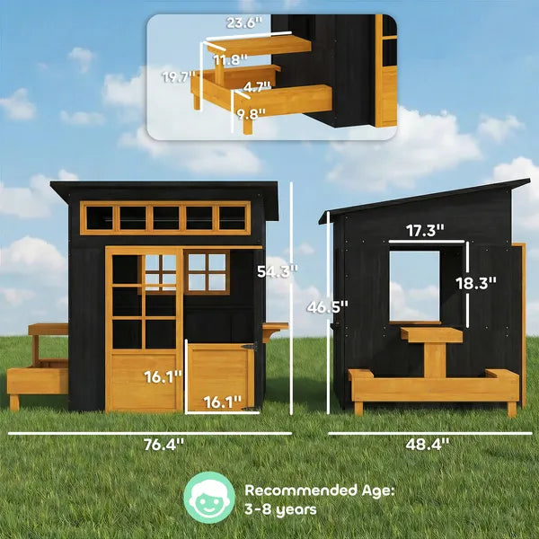 Qaba Outdoor Playhouse, Wooden Kids Playhouse with Picnic Table and Benches, Chalkboards, Half Door, Windows, for Kids Ages 3-8 - product image 3