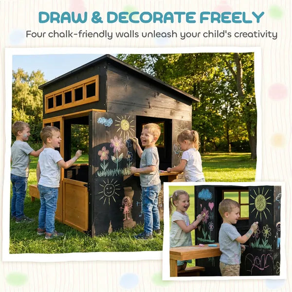 Qaba Outdoor Playhouse, Wooden Kids Playhouse with Picnic Table and Benches, Chalkboards, Half Door, Windows, for Kids Ages 3-8 - product image 5