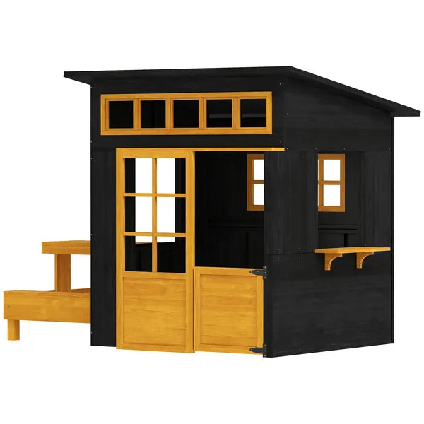 Qaba Outdoor Playhouse, Wooden Kids Playhouse with Picnic Table and Benches, Chalkboards, Half Door, Windows, for Kids Ages 3-8 - product image 1