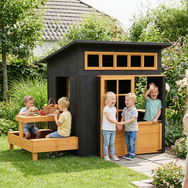 Qaba Outdoor Playhouse, Wooden Kids Playhouse with Picnic Table and Benches, Chalkboards, Half Door, Windows, for Kids Ages 3-8 - product image 10