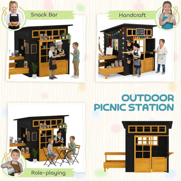 Qaba Outdoor Playhouse, Wooden Kids Playhouse with Picnic Table and Benches, Chalkboards, Half Door, Windows, for Kids Ages 3-8 - product image 6