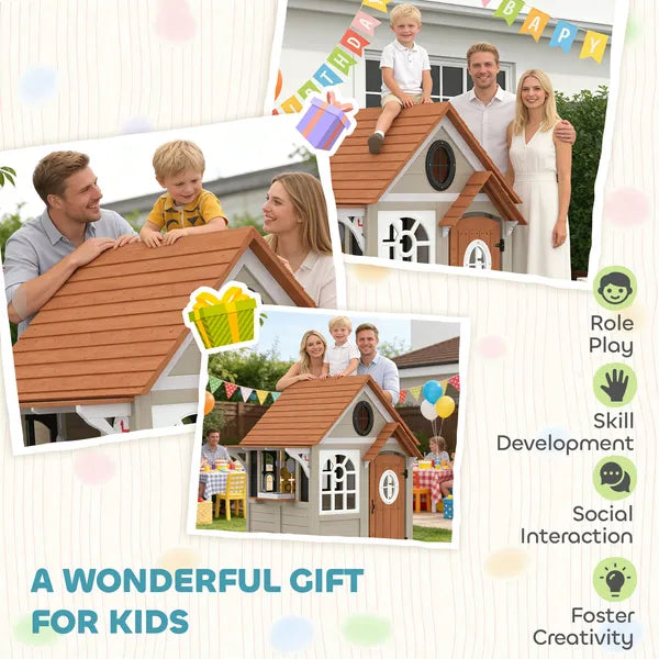 Outdoor Playhouse, Wooden Kids Playhouse with Dog Door, Cookware, Blackboard, Clock, Tic-Tac-Toe Roller for Backyard - product image 7