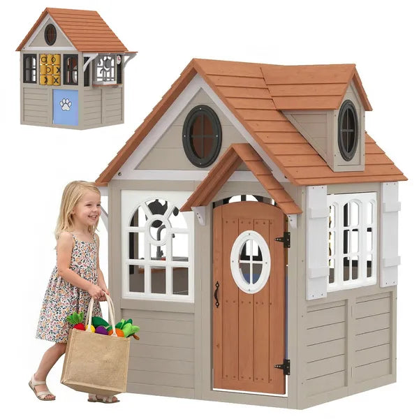 Outdoor Playhouse, Wooden Kids Playhouse with Dog Door, Cookware, Blackboard, Clock, Tic-Tac-Toe Roller for Backyard - product image 1