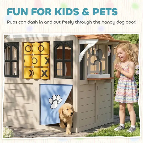 Outdoor Playhouse, Wooden Kids Playhouse with Dog Door, Cookware, Blackboard, Clock, Tic-Tac-Toe Roller for Backyard - product image 6