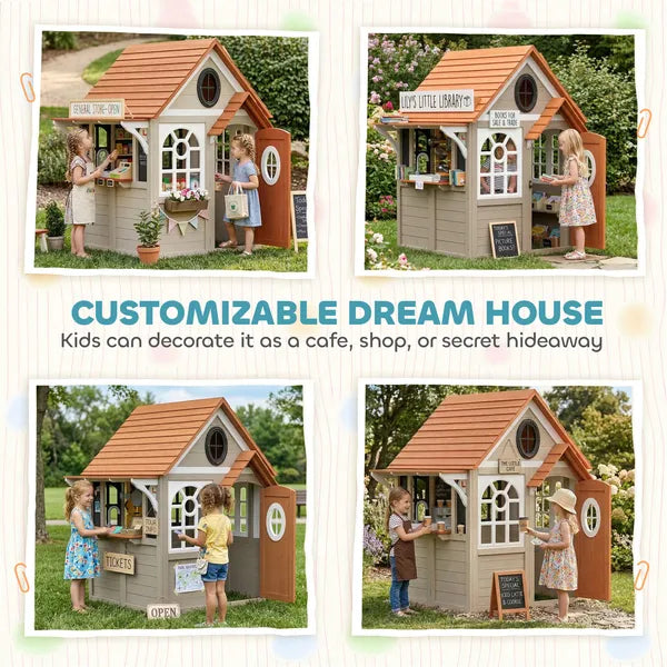 Outdoor Playhouse, Wooden Kids Playhouse with Dog Door, Cookware, Blackboard, Clock, Tic-Tac-Toe Roller for Backyard - product image 5