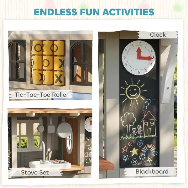 Outdoor Playhouse, Wooden Kids Playhouse with Dog Door, Cookware, Blackboard, Clock, Tic-Tac-Toe Roller for Backyard - product image 3