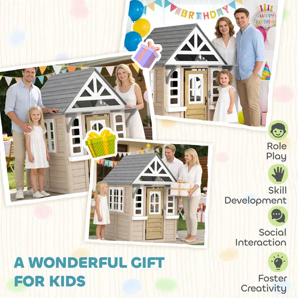 Outdoor Playhouse, Wooden Kids Playhouse with Dog Door, Cookware, Planter Box, Bell, Blackboard, Clock for Backyard - product image 7