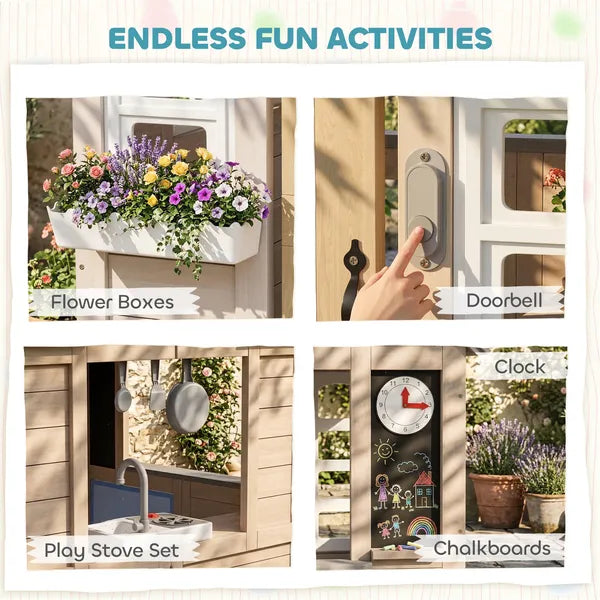 Outdoor Playhouse, Wooden Kids Playhouse with Dog Door, Cookware, Planter Box, Bell, Blackboard, Clock for Backyard - product image 3