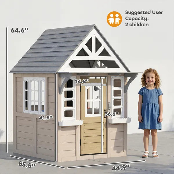 Outdoor Playhouse, Wooden Kids Playhouse with Dog Door, Cookware, Planter Box, Bell, Blackboard, Clock for Backyard - product image 2