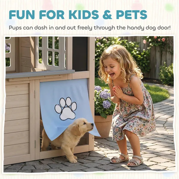 Outdoor Playhouse, Wooden Kids Playhouse with Dog Door, Cookware, Planter Box, Bell, Blackboard, Clock for Backyard - product image 6