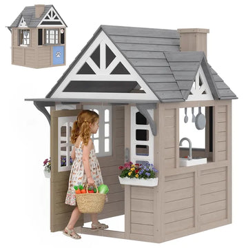 Outdoor Playhouse, Wooden Kids Playhouse with Dog Door, Cookware, Planter Box, Bell, Blackboard, Clock for Backyard - product image 1