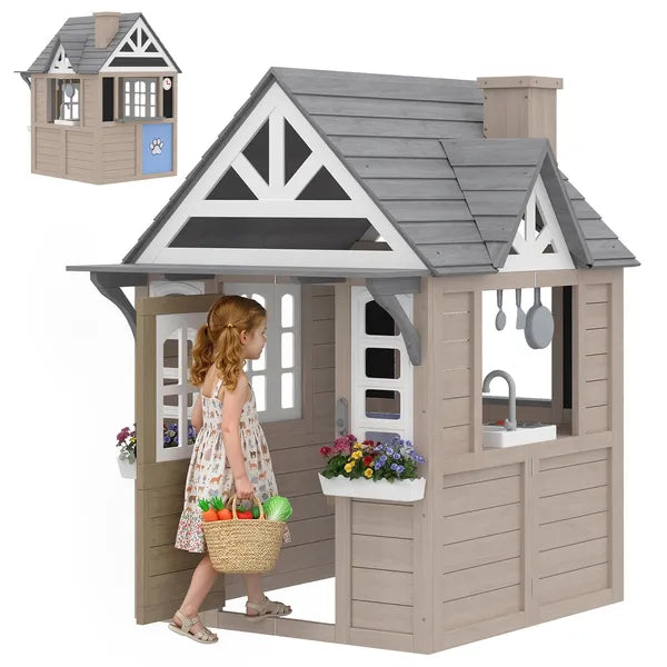 Outdoor Playhouse, Wooden Kids Playhouse with Dog Door, Cookware, Planter Box, Bell, Blackboard, Clock for Backyard - product image 1