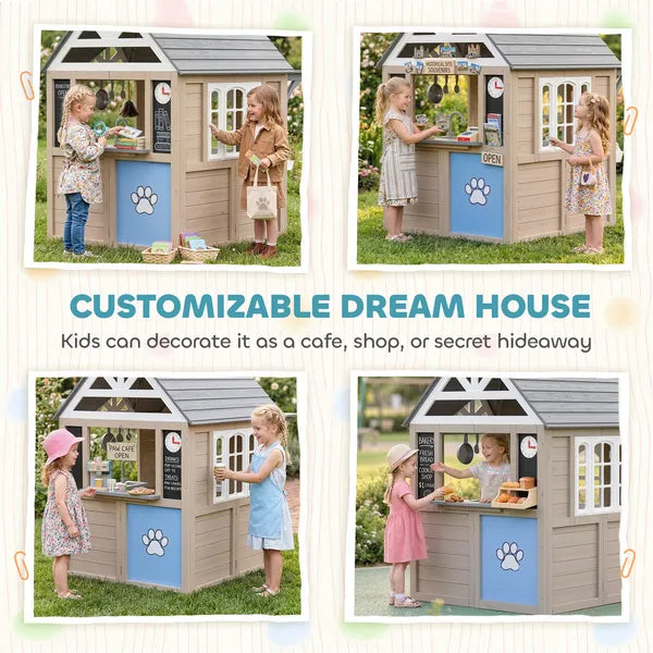 Outdoor Playhouse, Wooden Kids Playhouse with Dog Door, Cookware, Planter Box, Bell, Blackboard, Clock for Backyard - product image 5