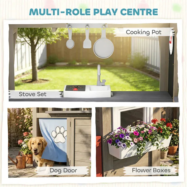 Outdoor Playhouse, Wooden Kids Playhouse with Dog Door, Flower Box, Cookware and Window for Garden Ages 2+, Gray - product image 3