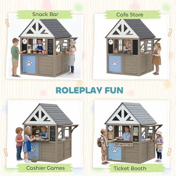 Outdoor Playhouse, Wooden Kids Playhouse with Dog Door, Flower Box, Cookware and Window for Garden Ages 2+, Gray - product image 5
