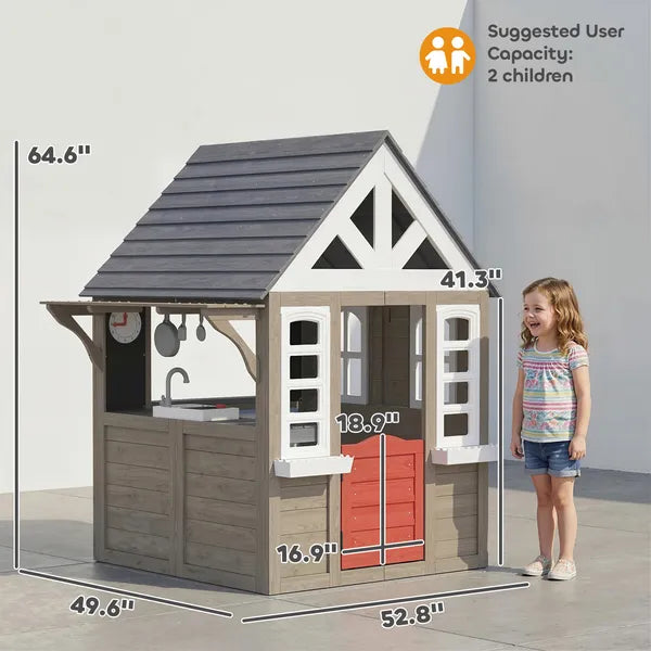 Outdoor Playhouse, Wooden Kids Playhouse with Dog Door, Flower Box, Cookware and Window for Garden Ages 2+, Gray - product image 2