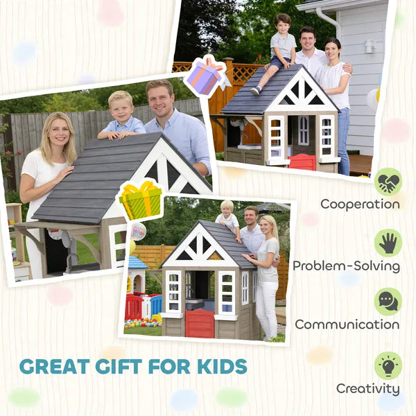 Outdoor Playhouse, Wooden Kids Playhouse with Dog Door, Flower Box, Cookware and Window for Garden Ages 2+, Gray - product image 7