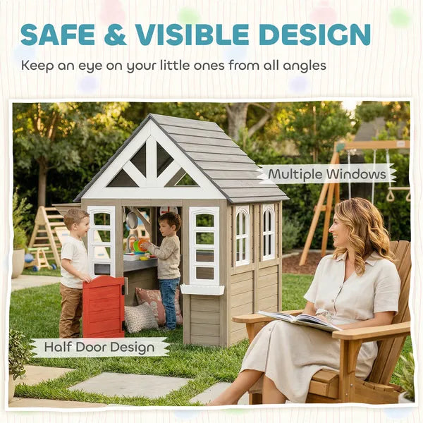 Outdoor Playhouse, Wooden Kids Playhouse with Dog Door, Flower Box, Cookware and Window for Garden Ages 2+, Gray - product image 6